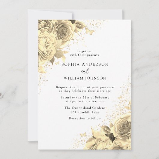 魔法の金ゴールド花とグリッターエレガントな結婚式 招待状 (正面)