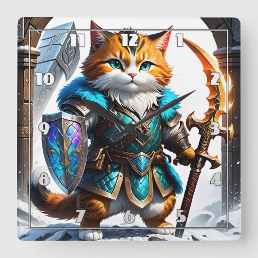 魔法の鎧を着た冒険好きな猫戦士 スクエア壁時計 (正面)