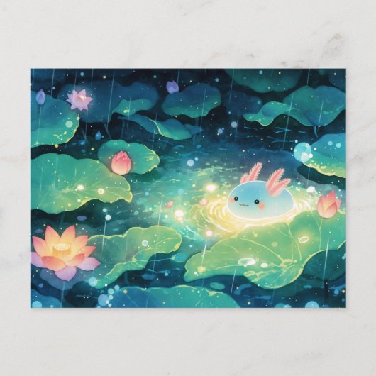 魔法の雨の夜の池の青いウーパールーパー ポストカード (正面)