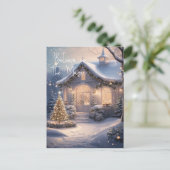 魔法の雪コテージクリスマス葉書とライト シーズンポストカード (スタンド正面)