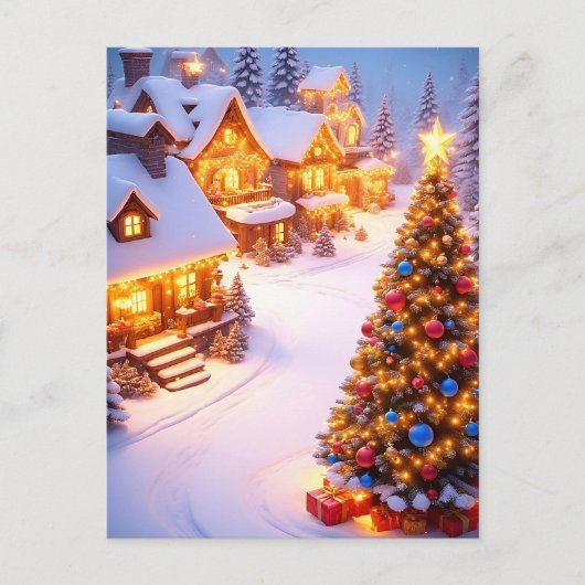 🎄 魔法の雪景色の村のシーン ❄️ メリークリスマス ポストカード (正面)