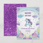 魔法の青と紫のユニコーンの誕生日 サンキューカード (正面/裏面)