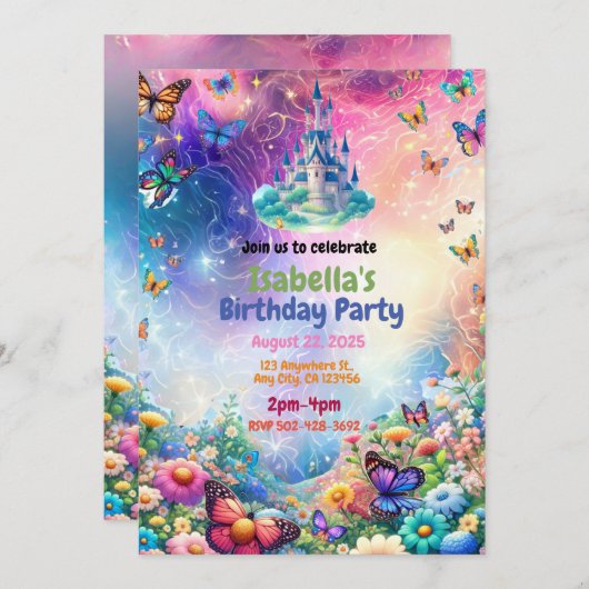魔法の魅惑された城の誕生日パーティーの招待 招待状 (正面/裏面)