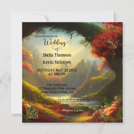 魔法の魅惑された森QRコード結婚ズ 招待状 (正面)