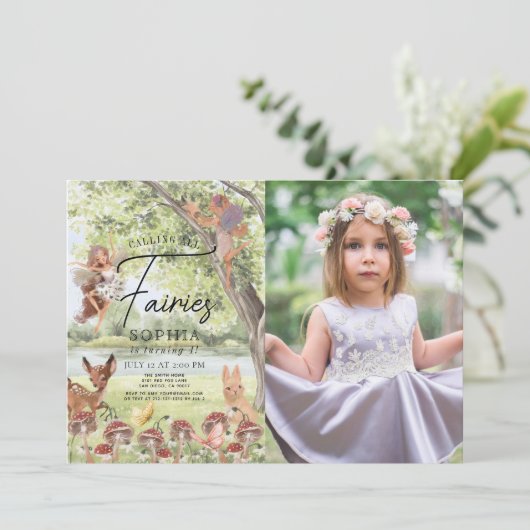 魔法の魔法の魔法の森の妖精の女の子の誕生日写真 招待状 (スタンド正面)