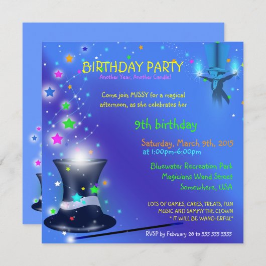 魔法の魔術師の帽子の誕生日パーティーの招待 招待状 (正面/裏面)
