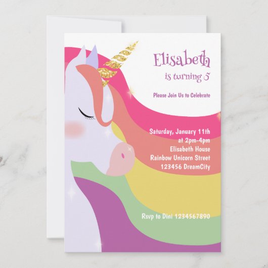 魔法の鮮やか虹ユニコーン誕生日写真 招待状 (正面)