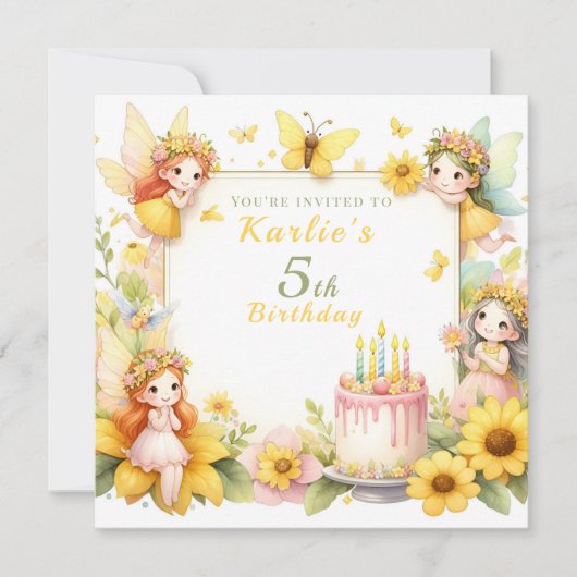 魔法の黄色の妖精の庭 – 誕生日 招待状 (正面)