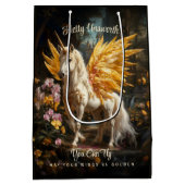 魔法の黄金の森ユニコーンファンタジー馬 ミディアムペーパーバッグ (裏面)