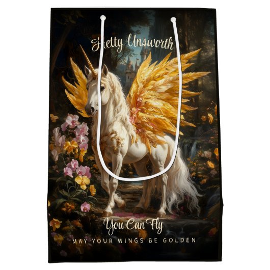 魔法の黄金の森ユニコーンファンタジー馬 ミディアムペーパーバッグ (裏面)