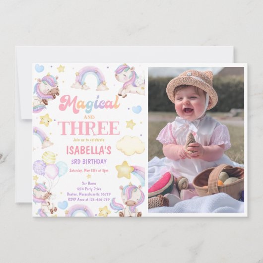 魔法の3レインボーユニコーン第3誕生日の写真 招待状 (正面)