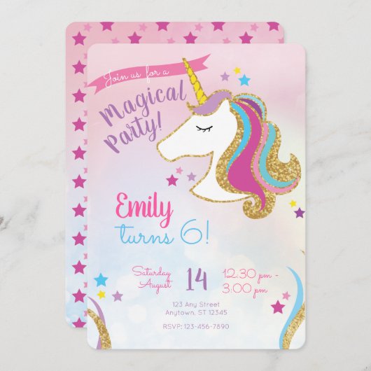 魔法のParty Girls グリッター ユニコーン 誕生日 招待状 (正面/裏面)