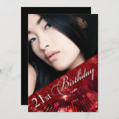 魔法は写真の第21誕生日の女の子-赤--をつけます 招待状 (正面/裏面)