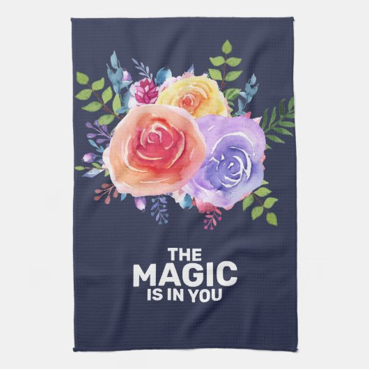 魔法は引用文水カラーフローラデザイン キッチンタオル (縦)