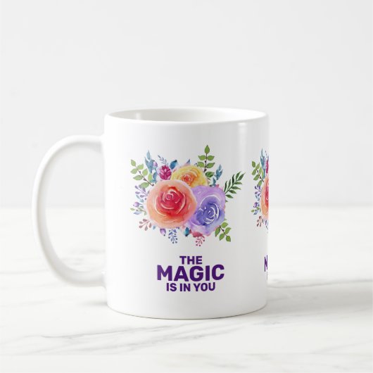 魔法は引用文水カラーフローラデザイン コーヒーマグカップ (左)