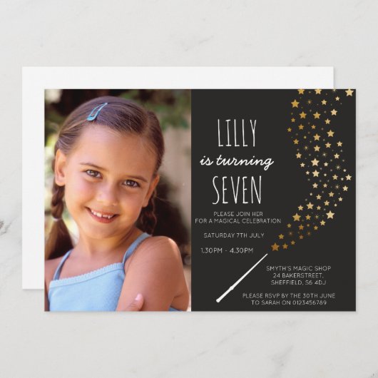 魔法をテーマにした誕生日パーティーの招待状 招待状 (正面/裏面)
