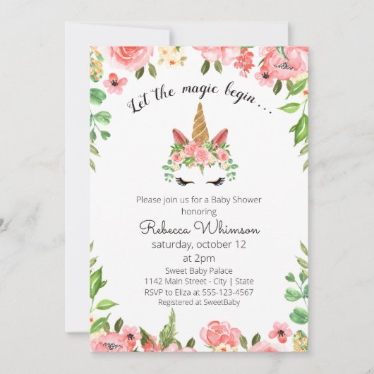 魔法を開始…かわいい一角獣のベビーシャワー 招待状 (正面)