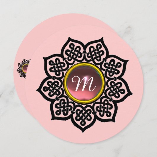 魔法イベント/ケルト結び目模様、ピンクジェムストーンモノグラム 案内状 (正面/裏面)