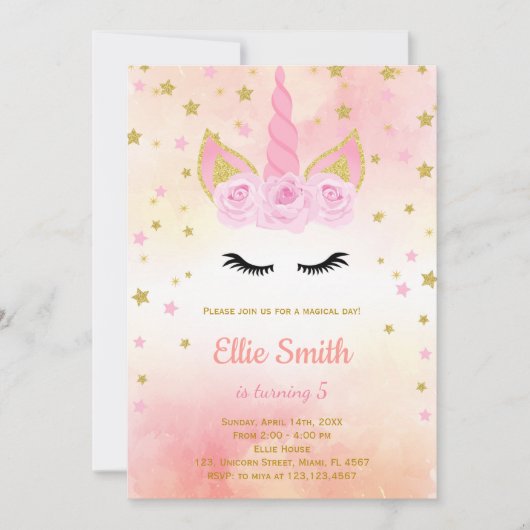 魔法エレガントの少女パーティーカードとフローラデザイン 招待状 (正面)