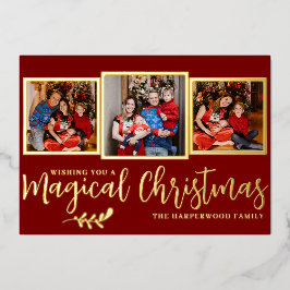 魔法エレガントモダンのクリスマス家族3写真 箔シーズンカード