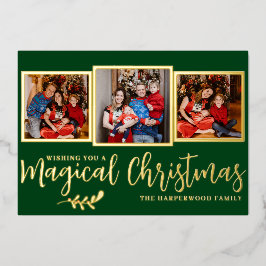 魔法エレガントモダンのクリスマス家族3写真 箔シーズンカード
