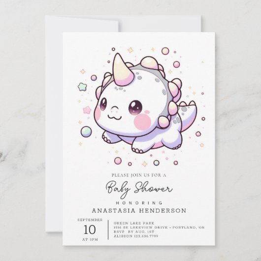 魔法エレガント恐竜の赤ちゃんシャワー 招待状 (正面)