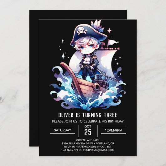 魔法エレガント海賊誕生日 招待状 (正面/裏面)