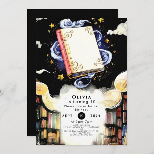 魔法カスタムおもしろいストーリーブック誕生日 招待状 (正面/裏面)