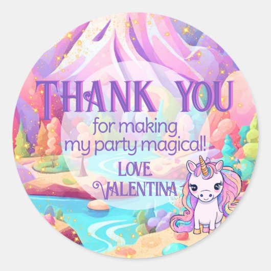魔法カラフルのかわいいユニコーン誕生日ありがとう ラウンドシール (正面)