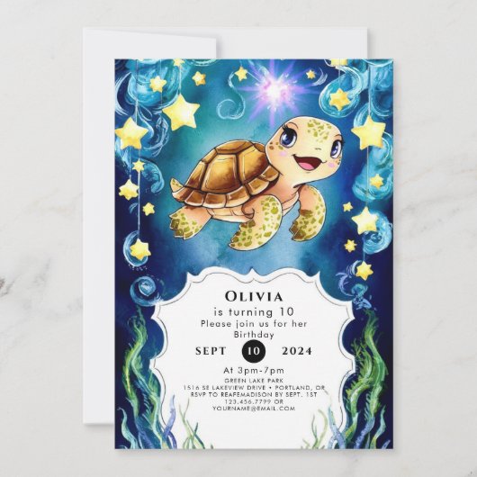 魔法カラフルのカメ誕生日 招待状 (正面)