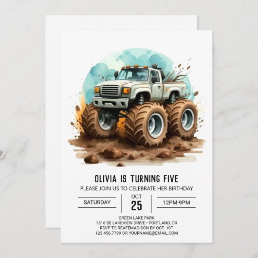 魔法カラフルのキッズモンスタートラック誕生日 招待状 (正面/裏面)