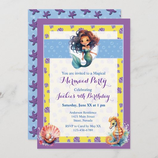 魔法カラフルの人魚の誕生日パーティー 招待状 (正面/裏面)