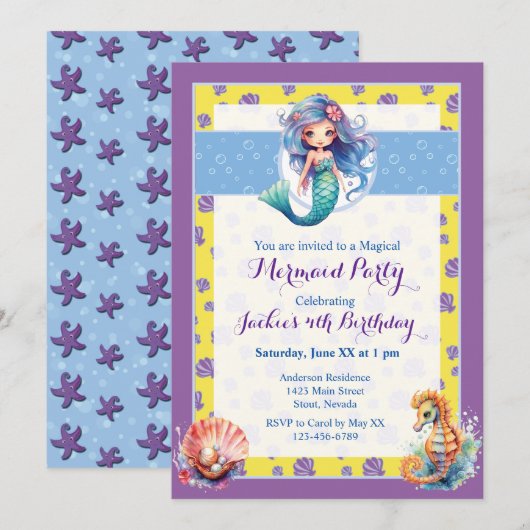 魔法カラフルの人魚の誕生日パーティー 招待状 (正面/裏面)