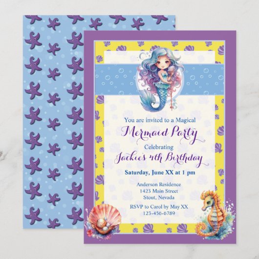 魔法カラフルの人魚の誕生日パーティー 招待状 (正面/裏面)