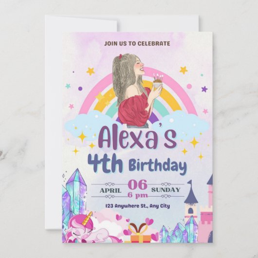 魔法カラフルレインボーガールズバースデーパーティー 招待状 (正面)