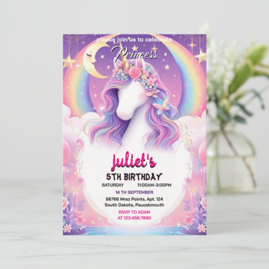 魔法ガーリーかわいいパープルピンクのユニコーン1歳 招待状 (スタンド正面)