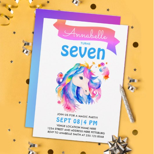 魔法ガーリーのカラフルユニコーン虹の水色 招待状