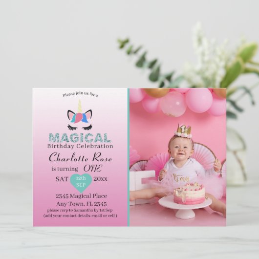 魔法ガーリーのユニコーンピンク1歳の誕生日 招待状 (スタンド正面)