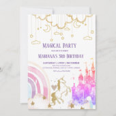 魔法ガーリーグリッターキッズの土地3歳の誕生日 招待状 (正面)