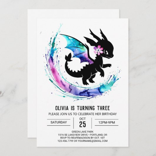 魔法ガーリードラゴンデジタルガール誕生日 招待状 (正面/裏面)