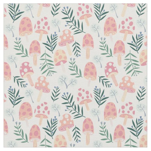 魔法キノコかわいい森のパターン ファブリック (クローズアップ)