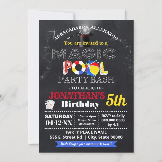 魔法ショーとプール誕生日bash子供パーティー 招待状 (正面)