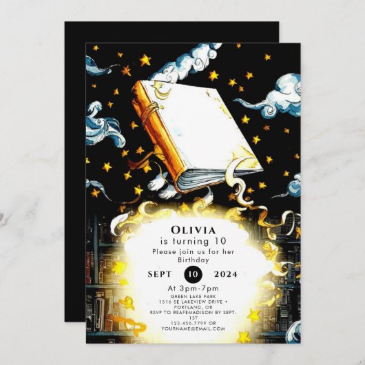 魔法シンプルの子供のストーリーブック誕生日 招待状 (正面/裏面)