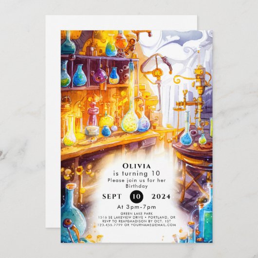 魔法シンプル実験科学者誕生日 招待状 (正面/裏面)