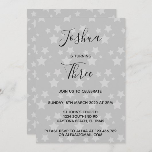 魔法スター誕生日の招待グレー 招待状 (正面/裏面)