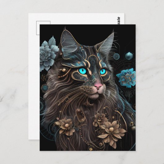 魔法スチームパンクメーンクーンキャットアンドフラワーズアイアート ポストカード (正面/裏面)