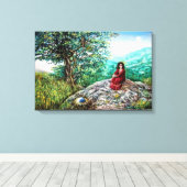 魔法ツリー/緑の木の夜明けと赤の女性 キャンバスプリント (インサイチュ (ウッドフロア))