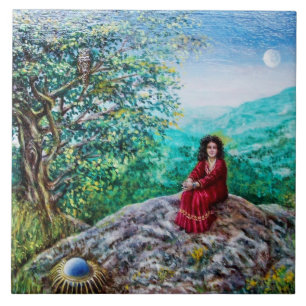 魔法ツリー/緑の木の夜明けと赤の女性 タイル