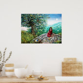 魔法ツリー/緑の木の夜明けと赤の女性 ポスター (キッチン)