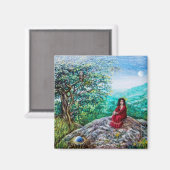 魔法ツリー/緑の木の夜明けと赤の女性 マグネット (正面/裏面)